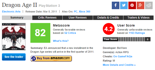 Dragon Age 2 metacritic