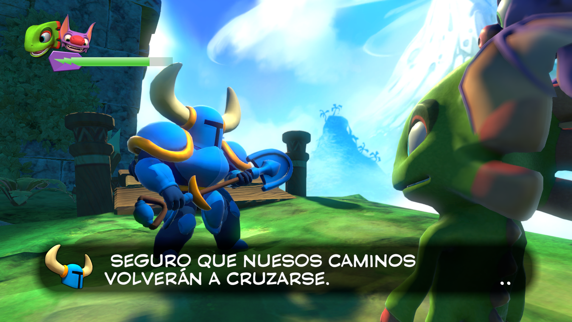 Shovel Knight hablándole a Yooka y Laylee